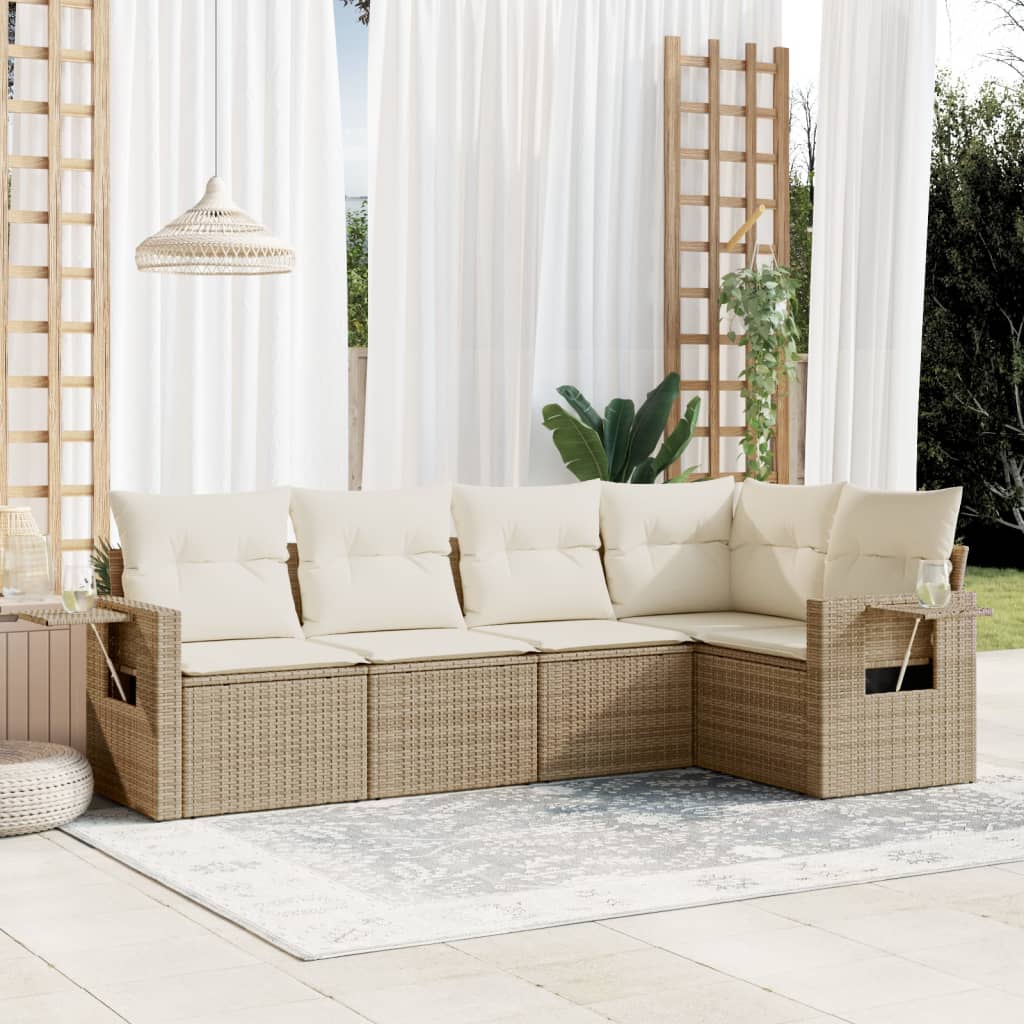 5-tlg. Garten-Sofagarnitur mit Kissen Schwarz Poly Rattan