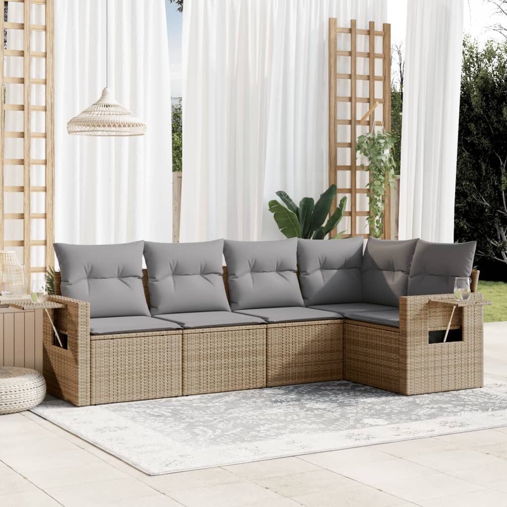 5-tlg. Garten-Sofagarnitur mit Kissen Schwarz Poly Rattan