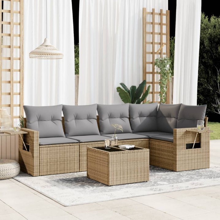 5-tlg. Garten-Sofagarnitur mit Kissen Schwarz Poly Rattan