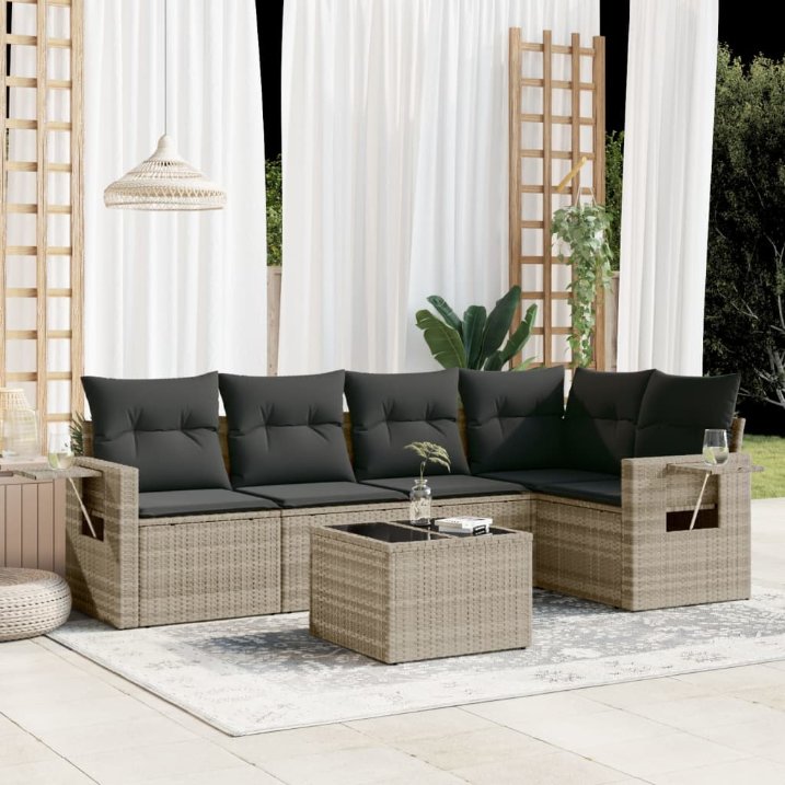 5-tlg. Garten-Sofagarnitur mit Kissen Schwarz Poly Rattan