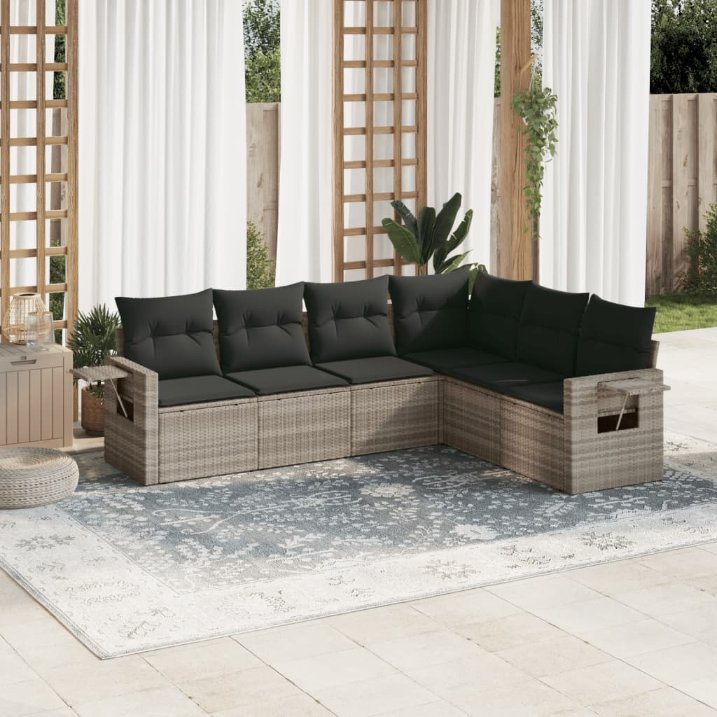 6-tlg. Garten-Sofagarnitur mit Kissen Schwarz Poly Rattan