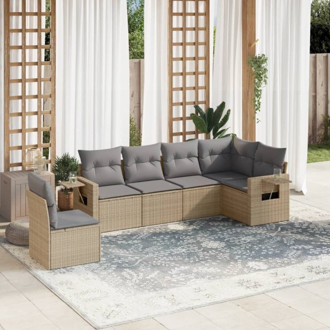6-tlg. Garten-Sofagarnitur mit Kissen Schwarz Poly Rattan
