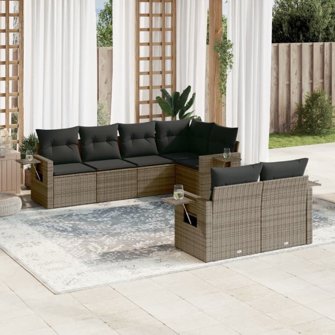 7-tlg. Garten-Sofagarnitur mit Kissen Schwarz Poly Rattan