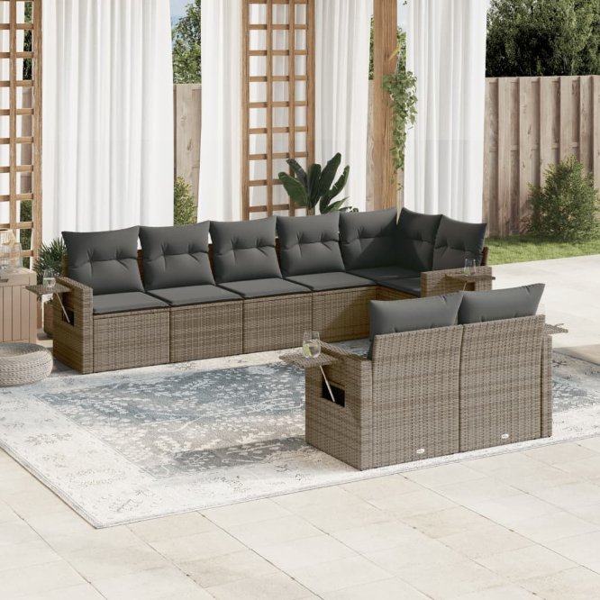 8-tlg. Garten-Sofagarnitur mit Kissen Schwarz Poly Rattan