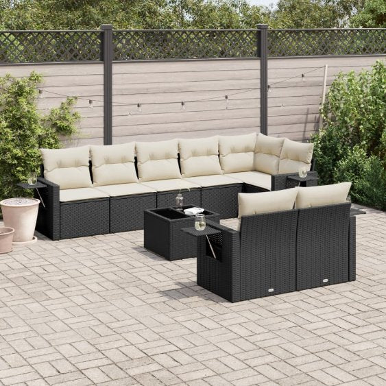 8-tlg. Garten-Sofagarnitur mit Kissen Schwarz Poly Rattan