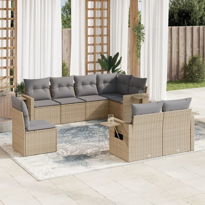 8-tlg. Garten-Sofagarnitur mit Kissen Schwarz Poly Rattan