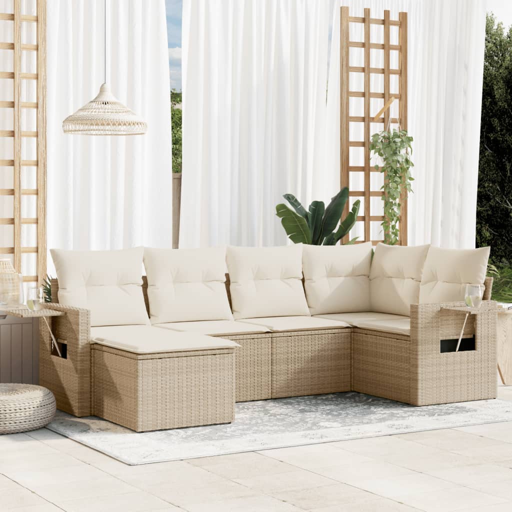 6-tlg. Garten-Sofagarnitur mit Kissen Schwarz Poly Rattan