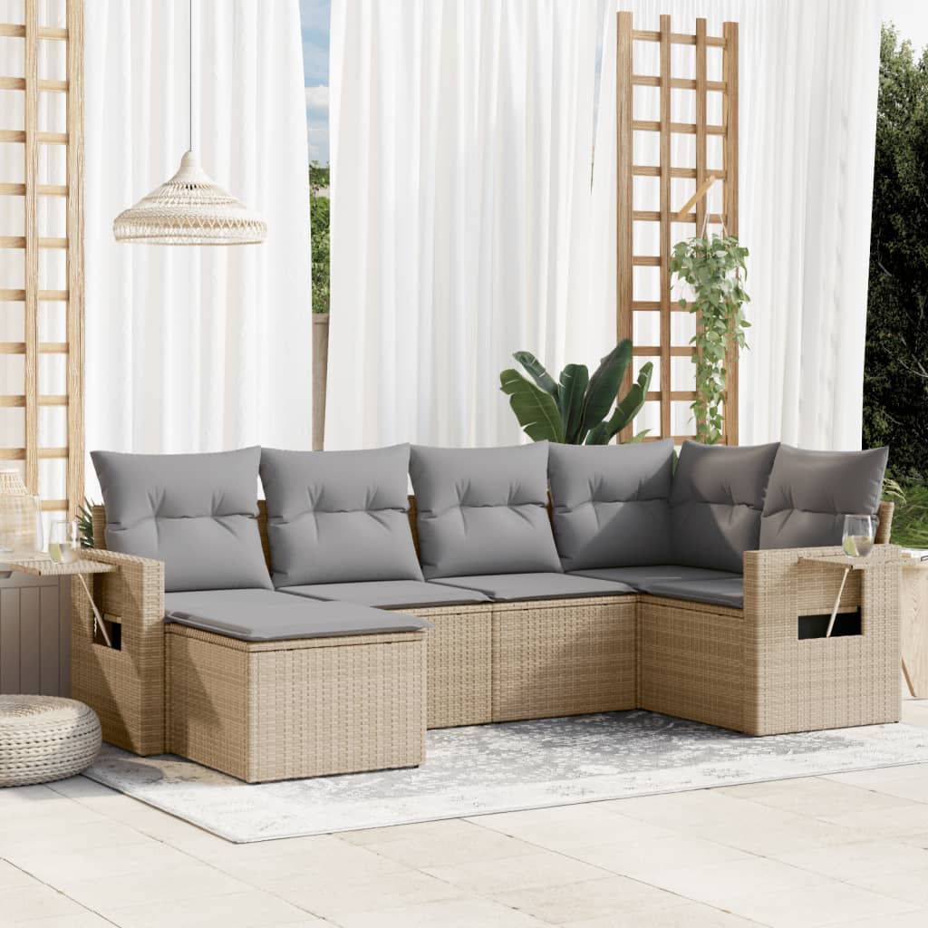 6-tlg. Garten-Sofagarnitur mit Kissen Schwarz Poly Rattan