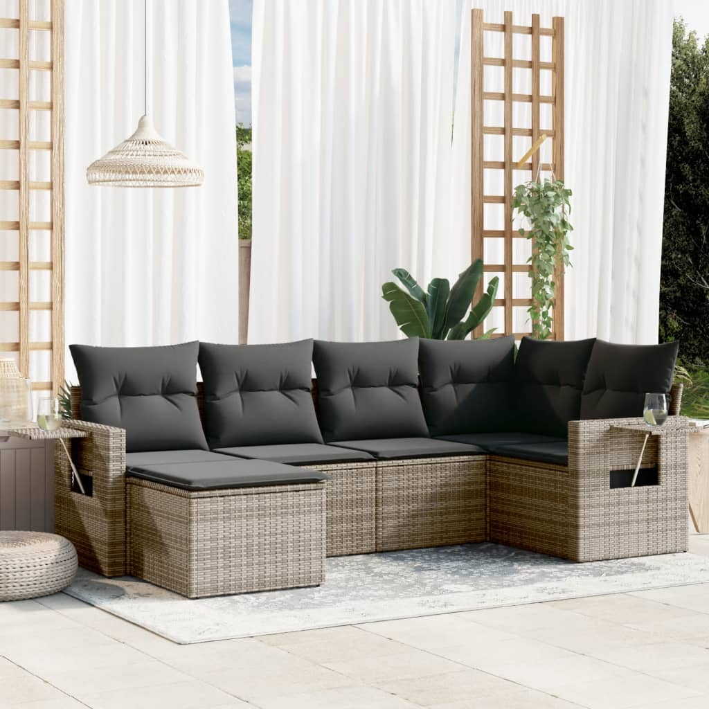 6-tlg. Garten-Sofagarnitur mit Kissen Schwarz Poly Rattan