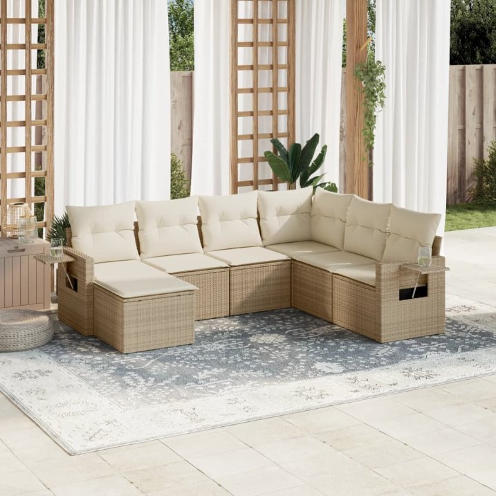 7-tlg. Garten-Sofagarnitur mit Kissen Schwarz Poly Rattan