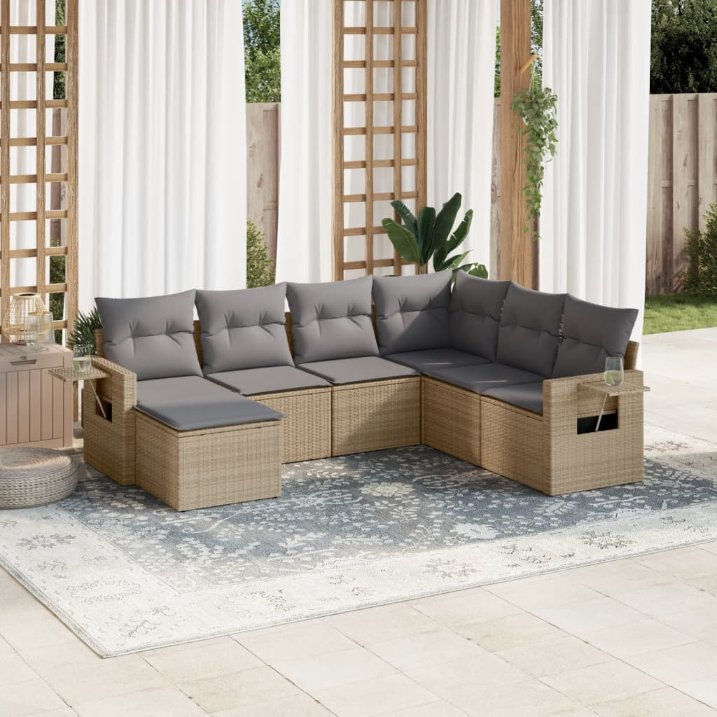 7-tlg. Garten-Sofagarnitur mit Kissen Schwarz Poly Rattan