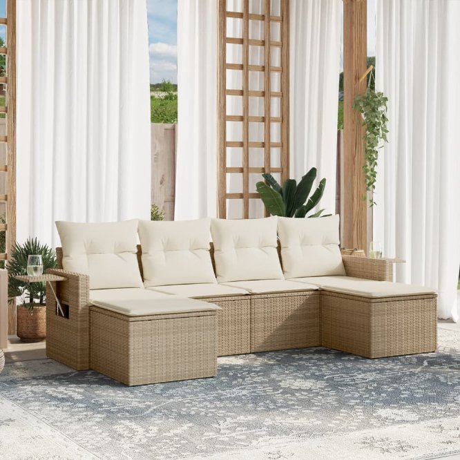 6-tlg. Garten-Sofagarnitur mit Kissen Schwarz Poly Rattan