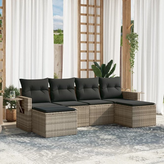 6-tlg. Garten-Sofagarnitur mit Kissen Schwarz Poly Rattan