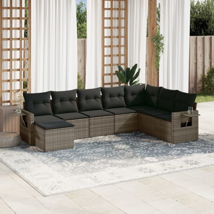8-tlg. Garten-Sofagarnitur mit Kissen Schwarz Poly Rattan