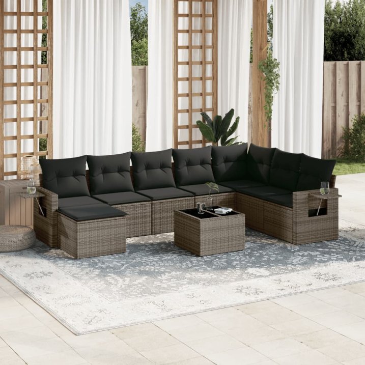 8-tlg. Garten-Sofagarnitur mit Kissen Schwarz Poly Rattan