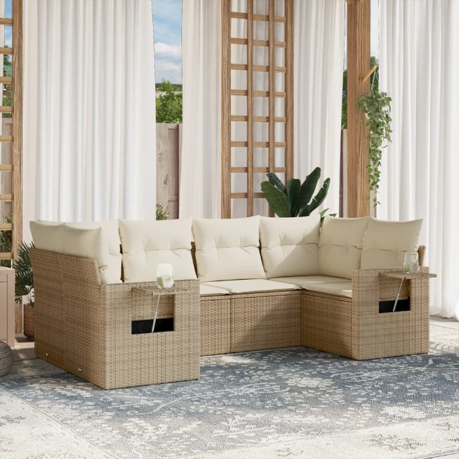 6-tlg. Garten-Sofagarnitur mit Kissen Schwarz Poly Rattan