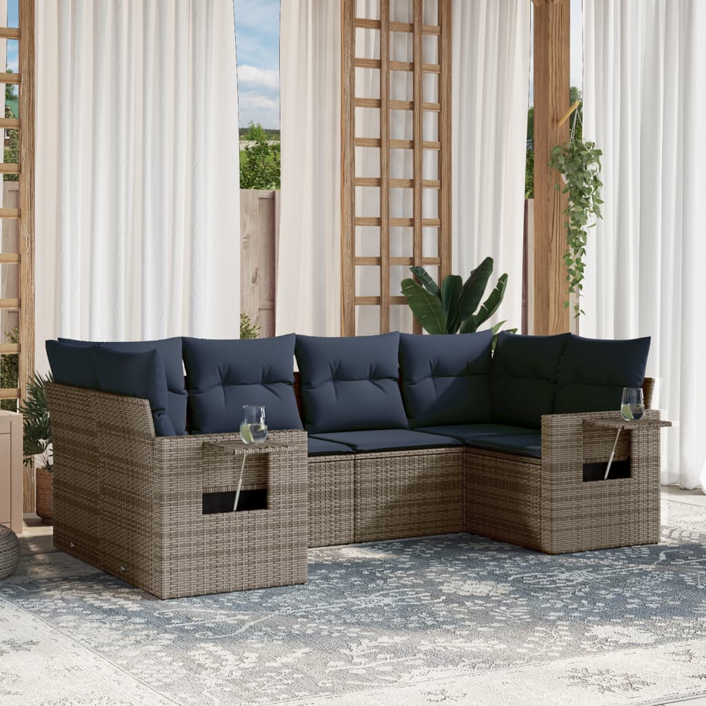 6-tlg. Garten-Sofagarnitur mit Kissen Grau Poly Rattan
