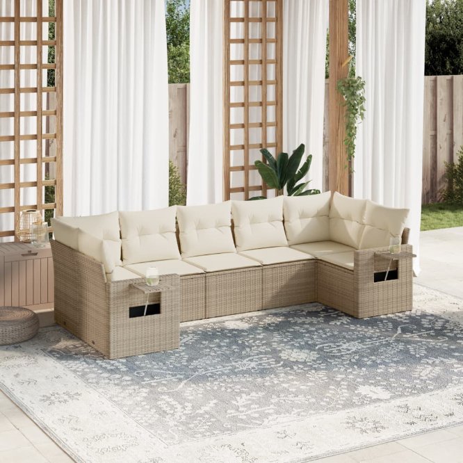 7-tlg. Garten-Sofagarnitur mit Kissen Schwarz Poly Rattan