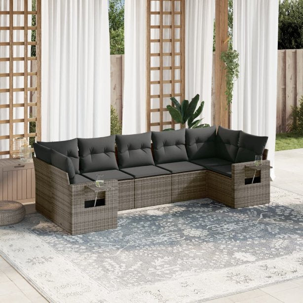 7-tlg. Garten-Sofagarnitur mit Kissen Schwarz Poly Rattan