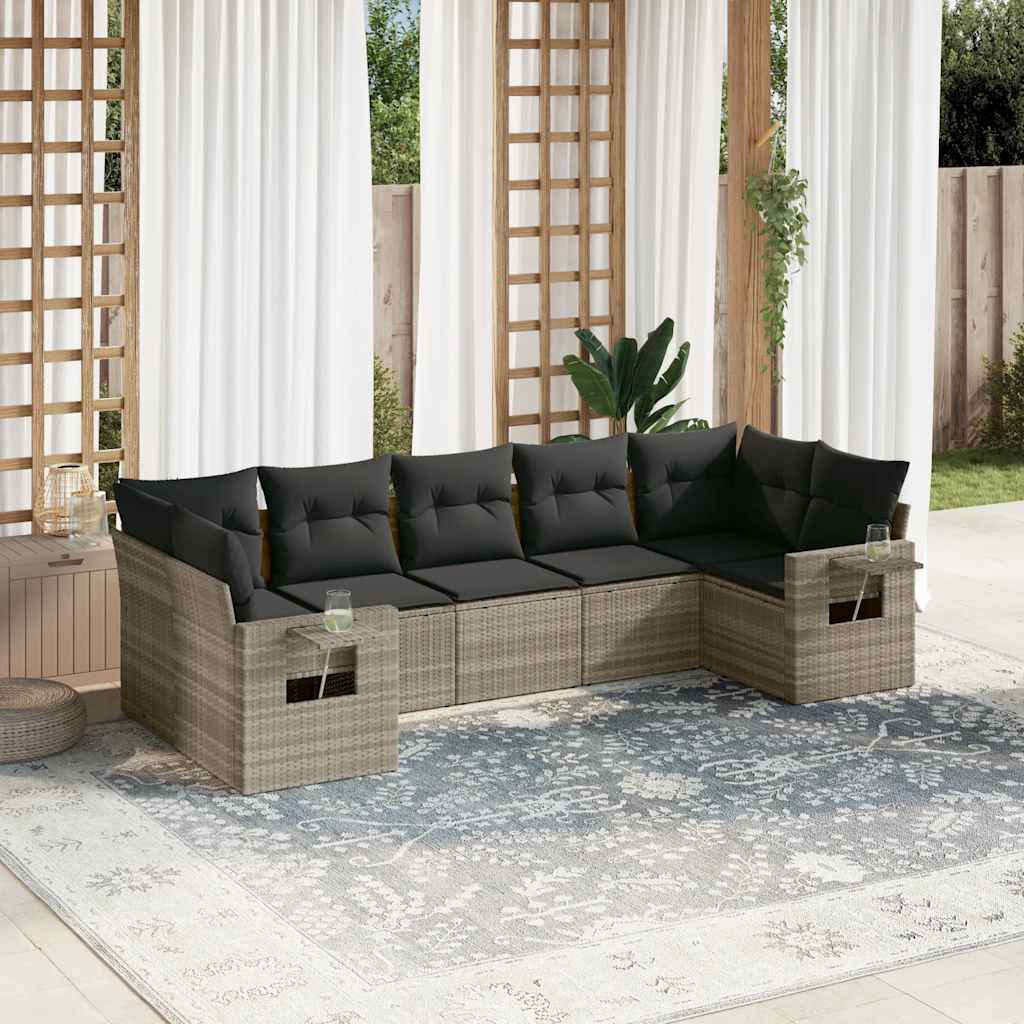 7-tlg. Garten-Sofagarnitur mit Kissen Schwarz Poly Rattan
