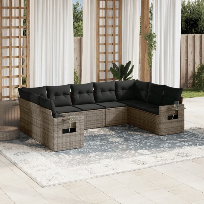 9-tlg. Garten-Sofagarnitur mit Kissen Schwarz Poly Rattan
