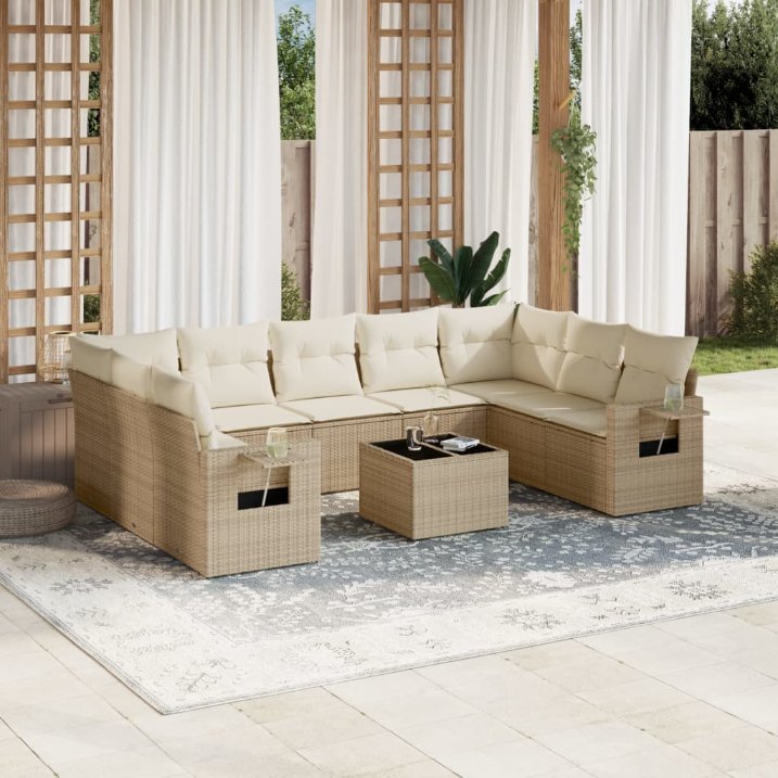 9-tlg. Garten-Sofagarnitur mit Kissen Schwarz Poly Rattan