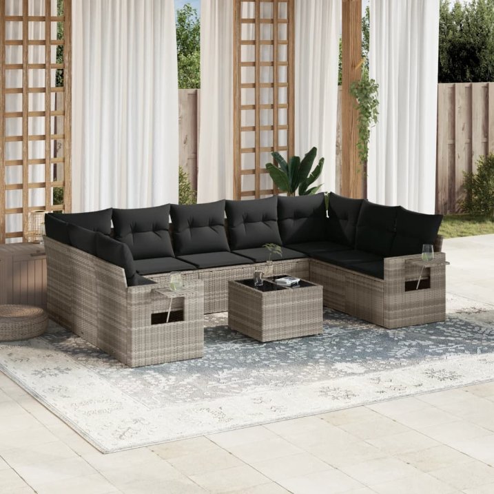 9-tlg. Garten-Sofagarnitur mit Kissen Schwarz Poly Rattan