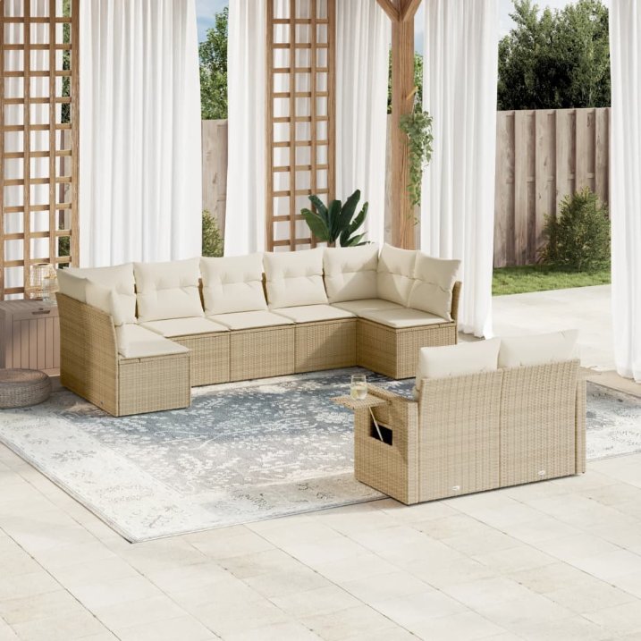 9-tlg. Garten-Sofagarnitur mit Kissen Schwarz Poly Rattan
