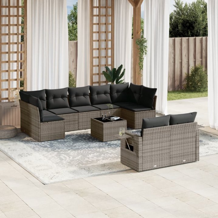 9-tlg. Garten-Sofagarnitur mit Kissen Schwarz Poly Rattan