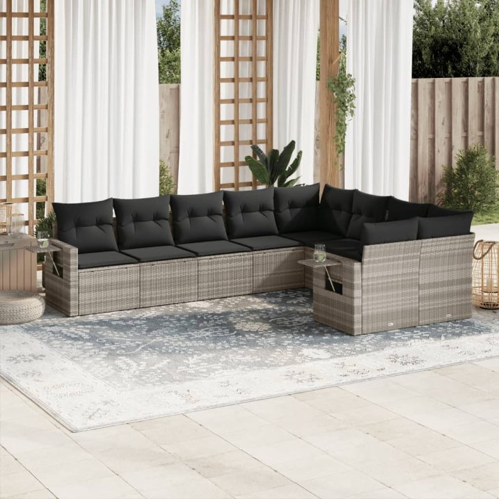 9-tlg. Garten-Sofagarnitur mit Kissen Schwarz Poly Rattan