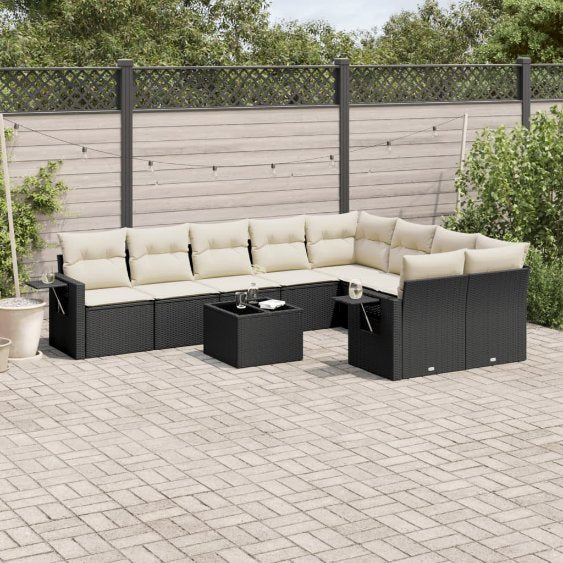 9-tlg. Garten-Sofagarnitur mit Kissen Schwarz Poly Rattan