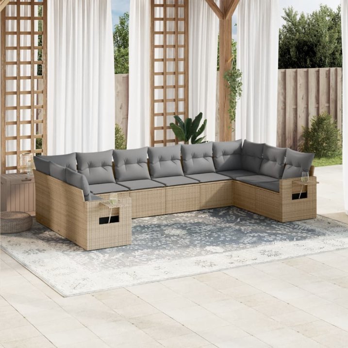 vidaXL 10-tlg. Garten-Sofagarnitur mit Kissen Schwarz Poly Rattan