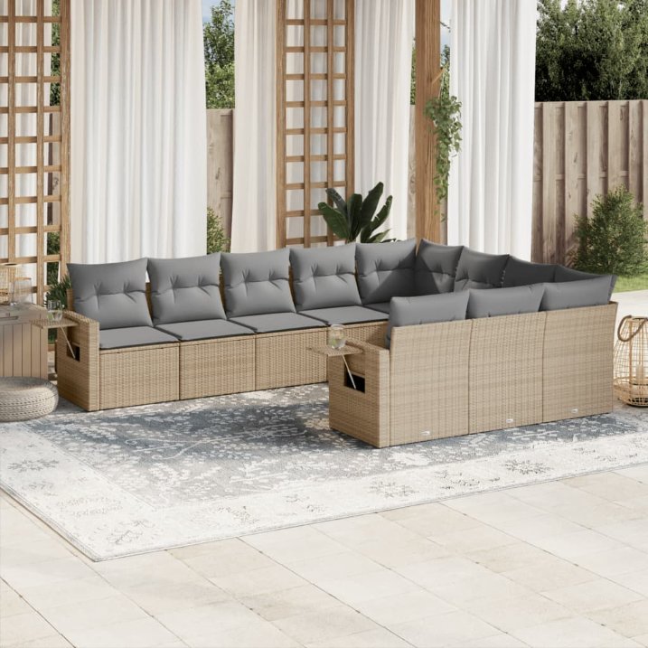 vidaXL 10-tlg. Garten-Sofagarnitur mit Kissen Schwarz Poly Rattan