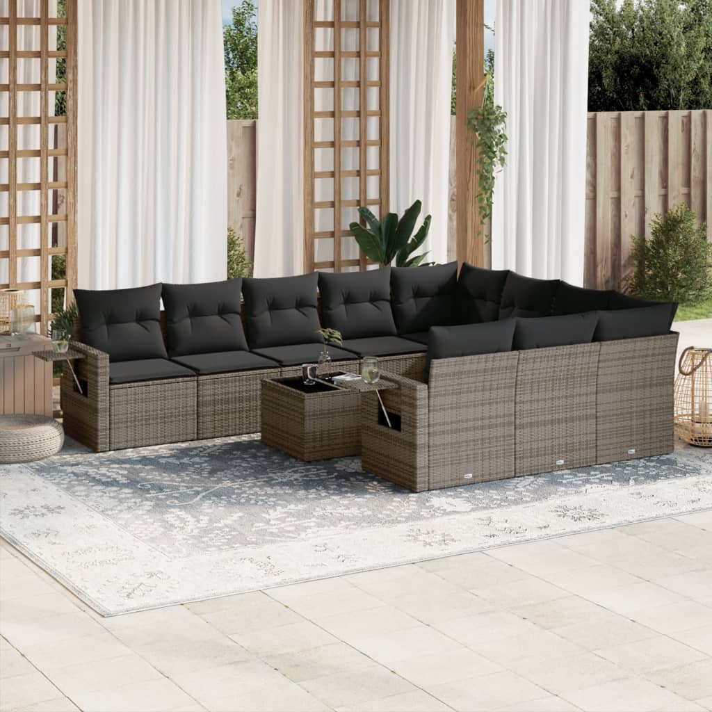 vidaXL 10-tlg. Garten-Sofagarnitur mit Kissen Schwarz Poly Rattan