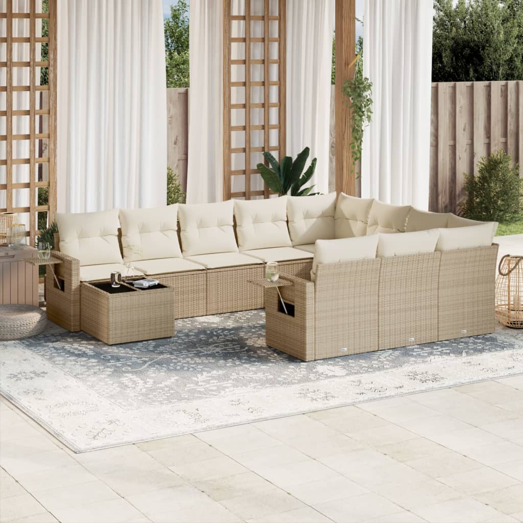 11-tlg. Garten-Sofagarnitur mit Kissen Schwarz Poly Rattan
