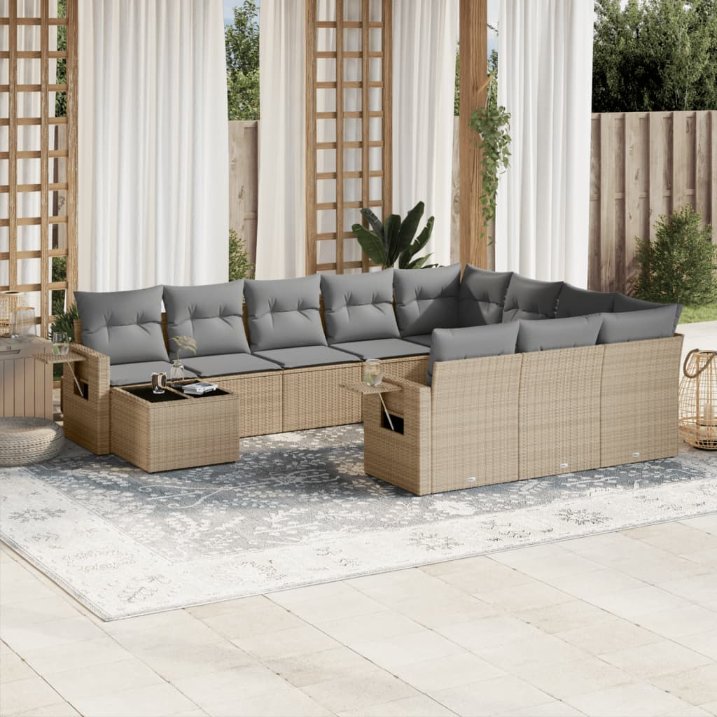 11-tlg. Garten-Sofagarnitur mit Kissen Schwarz Poly Rattan