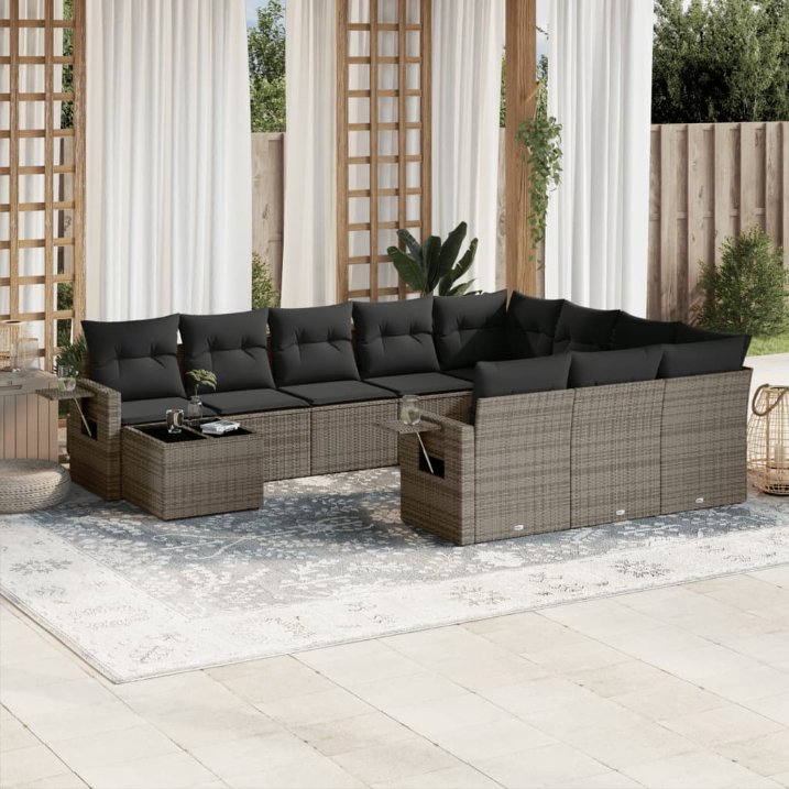 11-tlg. Garten-Sofagarnitur mit Kissen Schwarz Poly Rattan