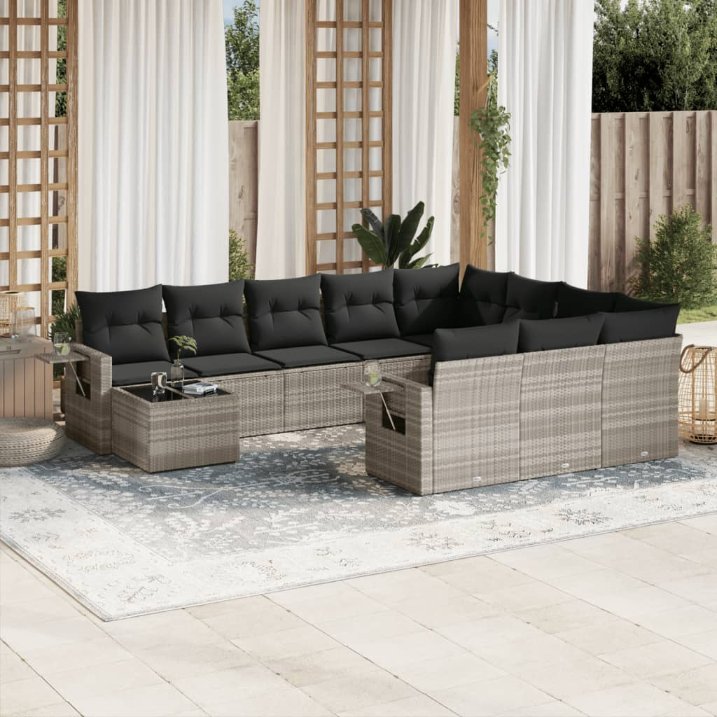 11-tlg. Garten-Sofagarnitur mit Kissen Schwarz Poly Rattan