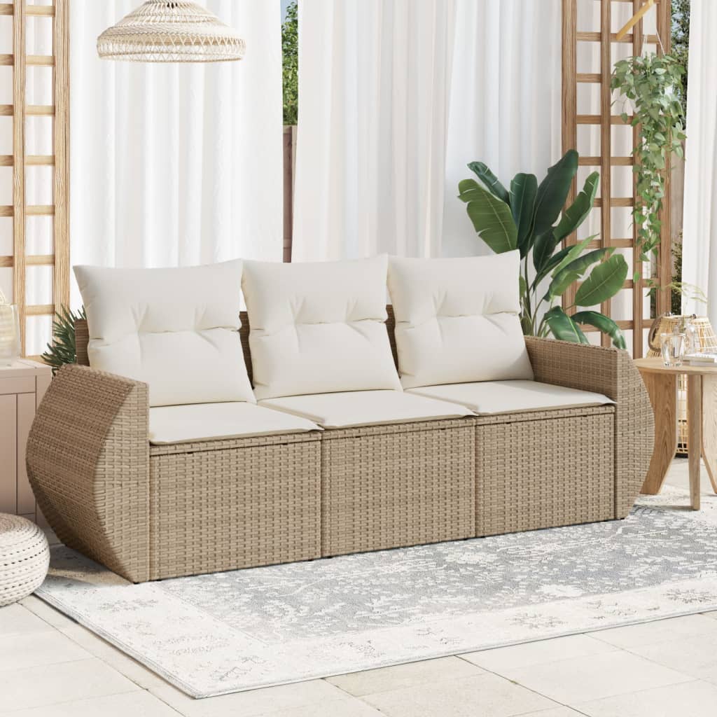 3-tlg. Garten-Sofagarnitur mit Kissen Schwarz Poly Rattan