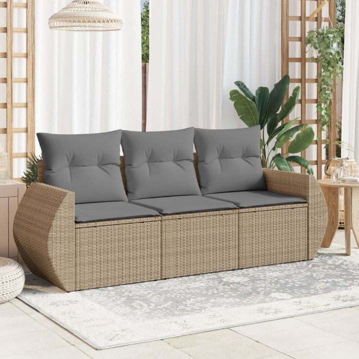 3-tlg. Garten-Sofagarnitur mit Kissen Schwarz Poly Rattan