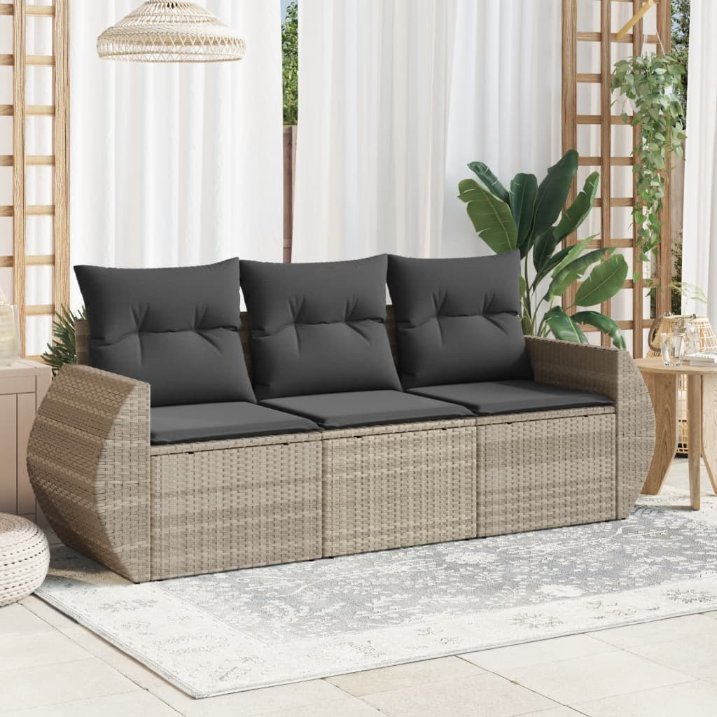 3-tlg. Garten-Sofagarnitur mit Kissen Schwarz Poly Rattan
