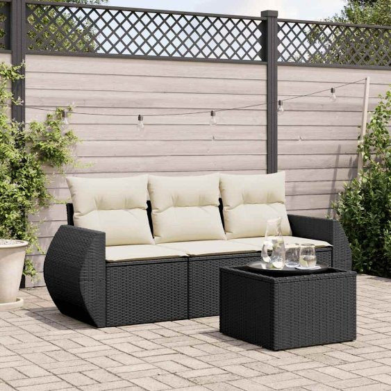3-tlg. Garten-Sofagarnitur mit Kissen Schwarz Poly Rattan