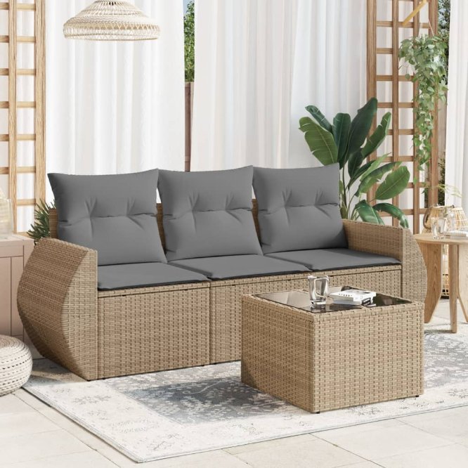3-tlg. Garten-Sofagarnitur mit Kissen Schwarz Poly Rattan
