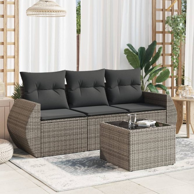3-tlg. Garten-Sofagarnitur mit Kissen Schwarz Poly Rattan