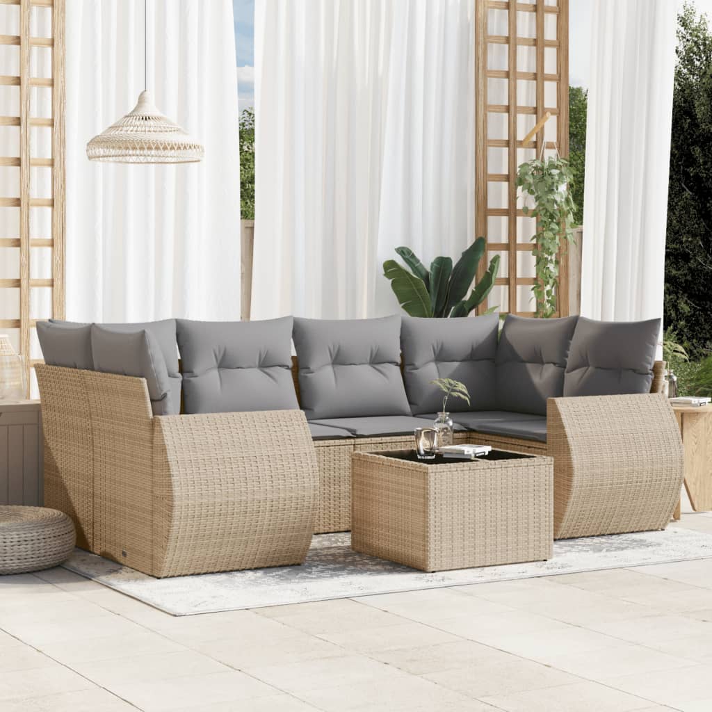 7-tlg. Garten-Sofagarnitur mit Kissen Schwarz Poly Rattan