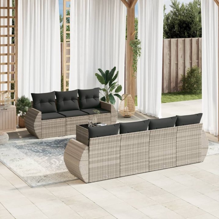8-tlg. Garten-Sofagarnitur mit Kissen Schwarz Poly Rattan