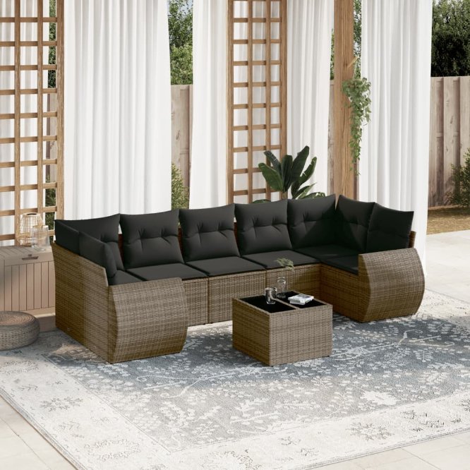 8-tlg. Garten-Sofagarnitur mit Kissen Schwarz Poly Rattan