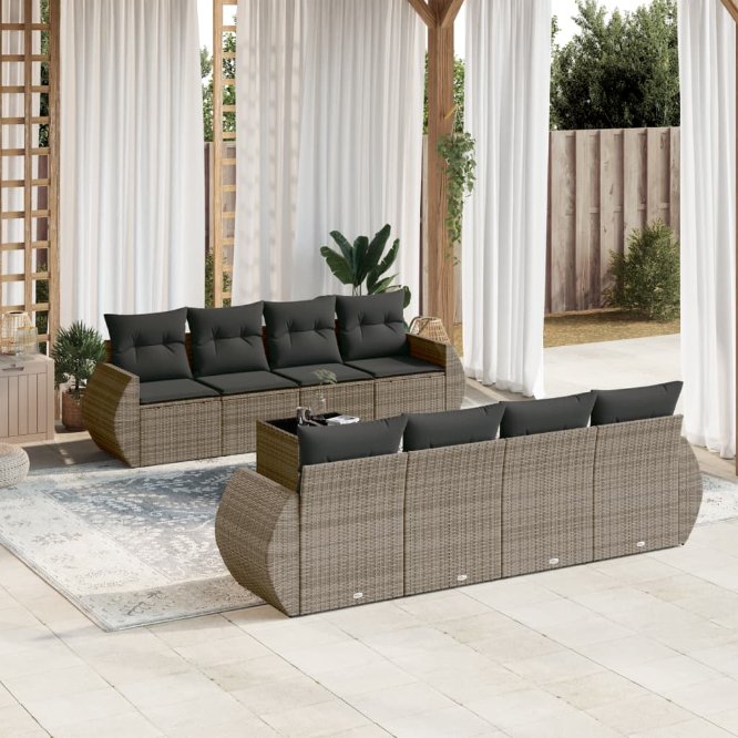 9-tlg. Garten-Sofagarnitur mit Kissen Schwarz Poly Rattan
