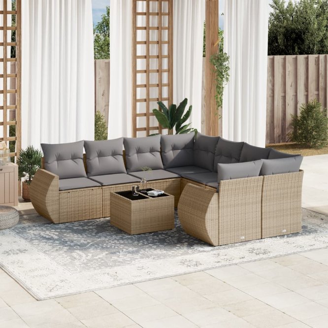 9-tlg. Garten-Sofagarnitur mit Kissen Schwarz Poly Rattan