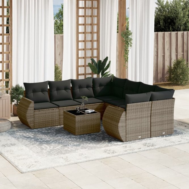 9-tlg. Garten-Sofagarnitur mit Kissen Schwarz Poly Rattan